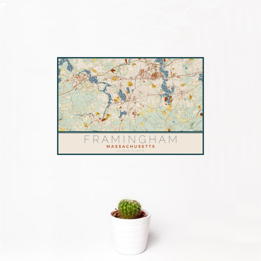 12x18 Framingham Massachusetts Map Print Landscape Orientation in Woodblock Style With Small Cactus Plant in White Planter