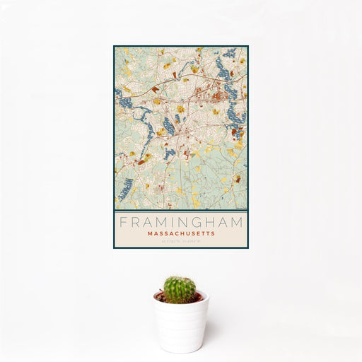 12x18 Framingham Massachusetts Map Print Portrait Orientation in Woodblock Style With Small Cactus Plant in White Planter