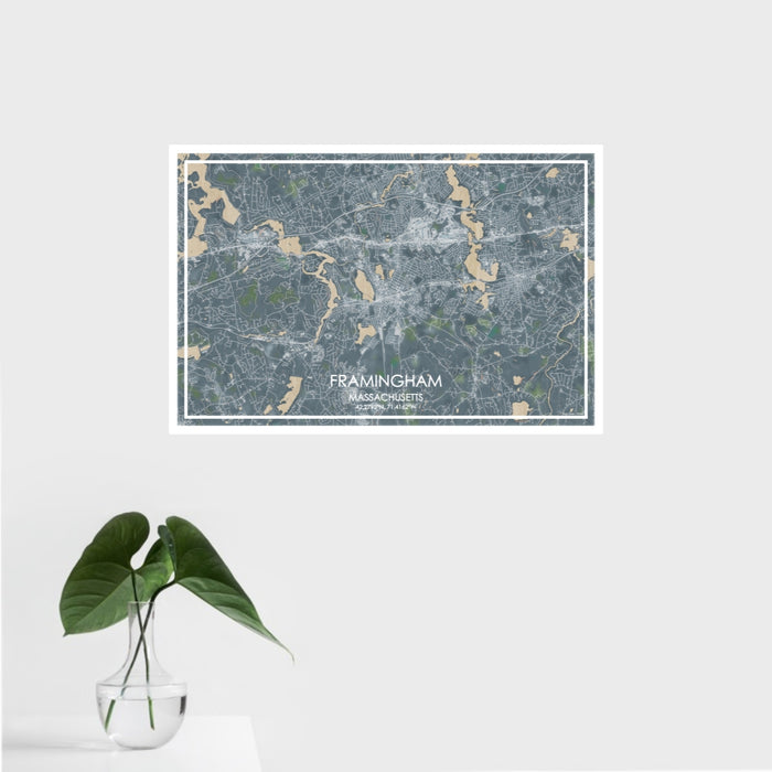 16x24 Framingham Massachusetts Map Print Landscape Orientation in Afternoon Style With Tropical Plant Leaves in Water