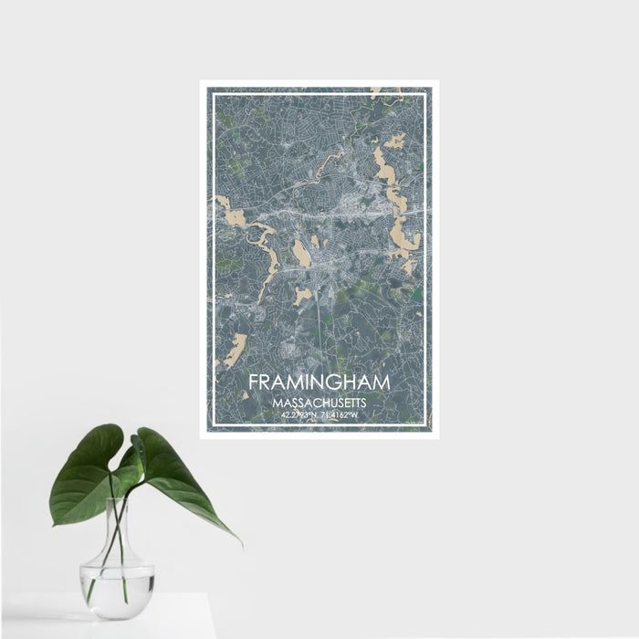 16x24 Framingham Massachusetts Map Print Portrait Orientation in Afternoon Style With Tropical Plant Leaves in Water