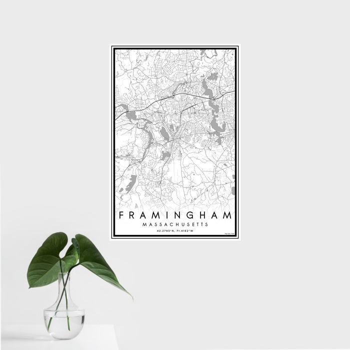 16x24 Framingham Massachusetts Map Print Portrait Orientation in Classic Style With Tropical Plant Leaves in Water