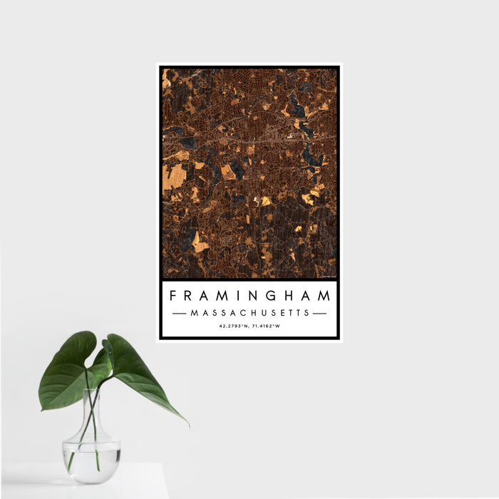 16x24 Framingham Massachusetts Map Print Portrait Orientation in Ember Style With Tropical Plant Leaves in Water
