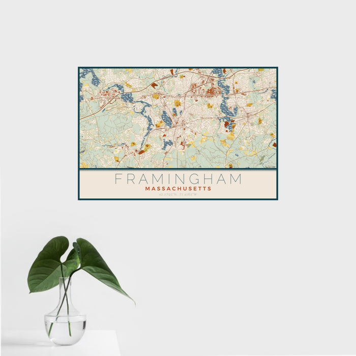16x24 Framingham Massachusetts Map Print Landscape Orientation in Woodblock Style With Tropical Plant Leaves in Water