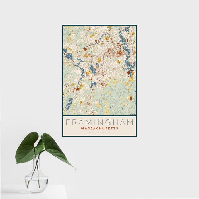 16x24 Framingham Massachusetts Map Print Portrait Orientation in Woodblock Style With Tropical Plant Leaves in Water