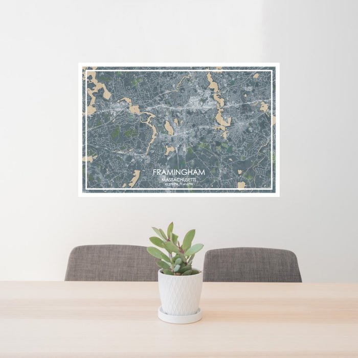24x36 Framingham Massachusetts Map Print Lanscape Orientation in Afternoon Style Behind 2 Chairs Table and Potted Plant