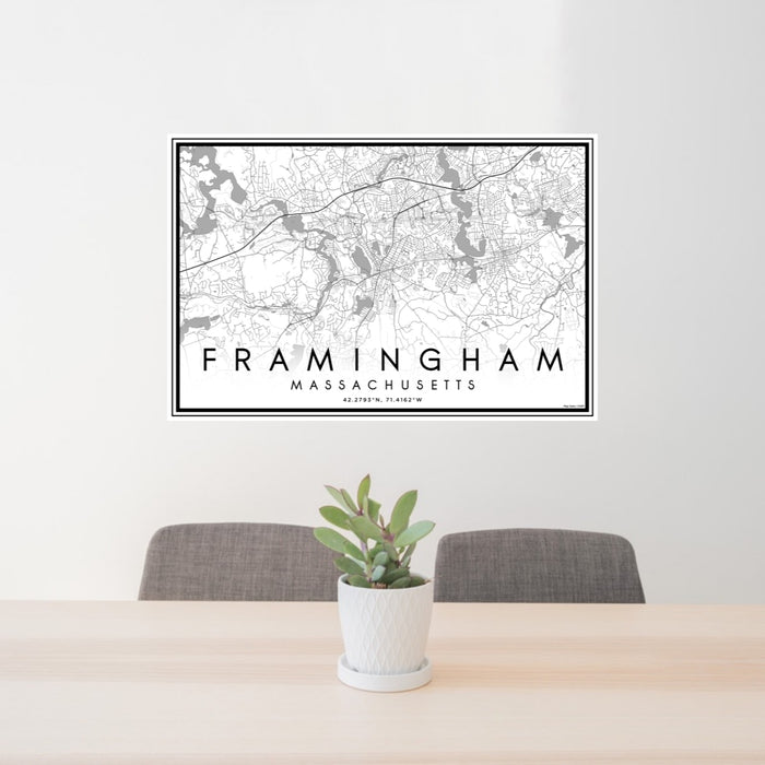 24x36 Framingham Massachusetts Map Print Lanscape Orientation in Classic Style Behind 2 Chairs Table and Potted Plant