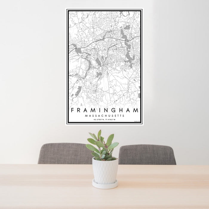 24x36 Framingham Massachusetts Map Print Portrait Orientation in Classic Style Behind 2 Chairs Table and Potted Plant