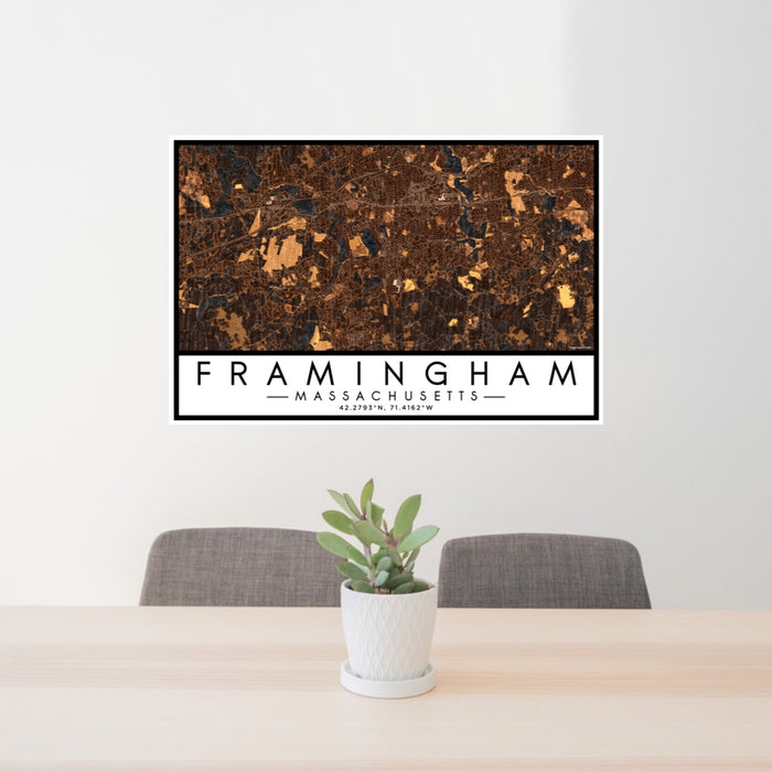 24x36 Framingham Massachusetts Map Print Lanscape Orientation in Ember Style Behind 2 Chairs Table and Potted Plant