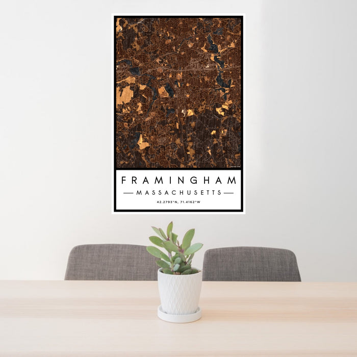 24x36 Framingham Massachusetts Map Print Portrait Orientation in Ember Style Behind 2 Chairs Table and Potted Plant
