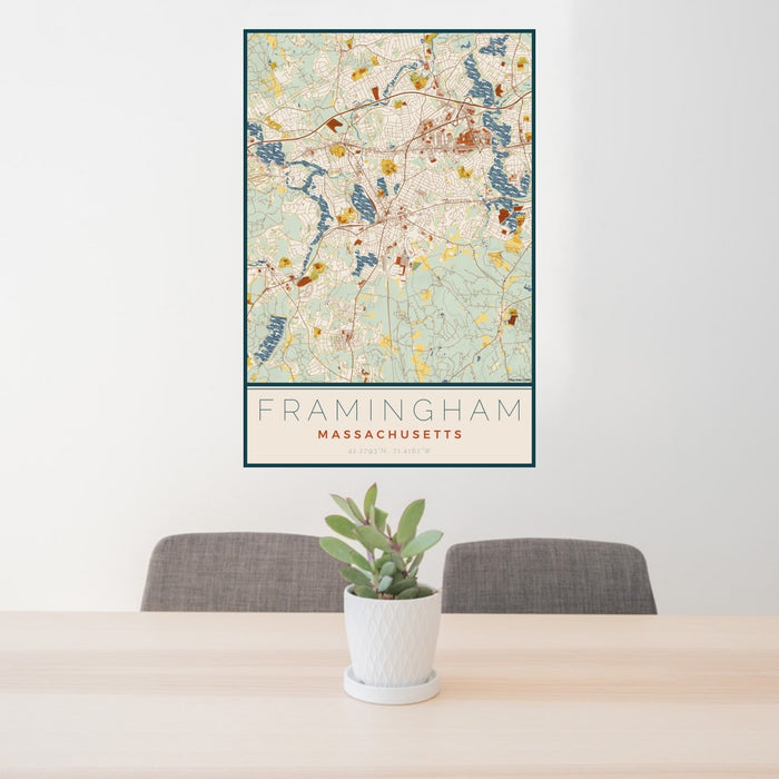 24x36 Framingham Massachusetts Map Print Portrait Orientation in Woodblock Style Behind 2 Chairs Table and Potted Plant