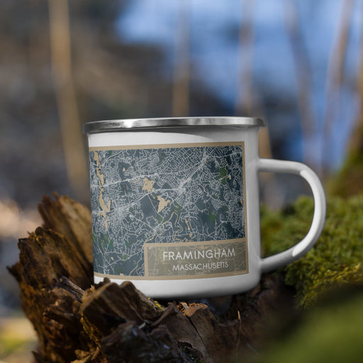 Right View Custom Framingham Massachusetts Map Enamel Mug in Afternoon on Grass With Trees in Background