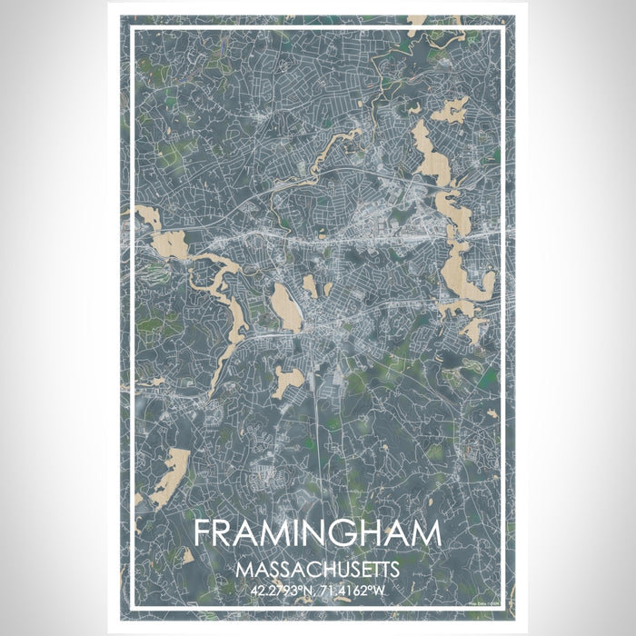 Framingham Massachusetts Map Print Portrait Orientation in Afternoon Style With Shaded Background