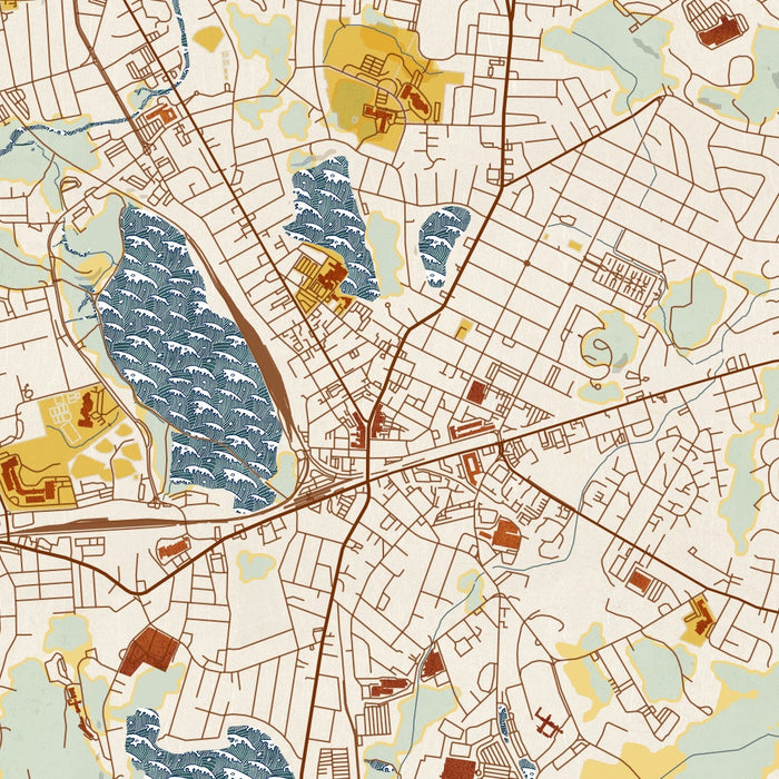 Framingham Massachusetts Map Print in Woodblock Style Zoomed In Close Up Showing Details