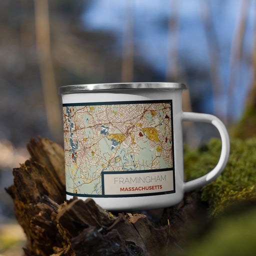 Right View Custom Framingham Massachusetts Map Enamel Mug in Woodblock on Grass With Trees in Background