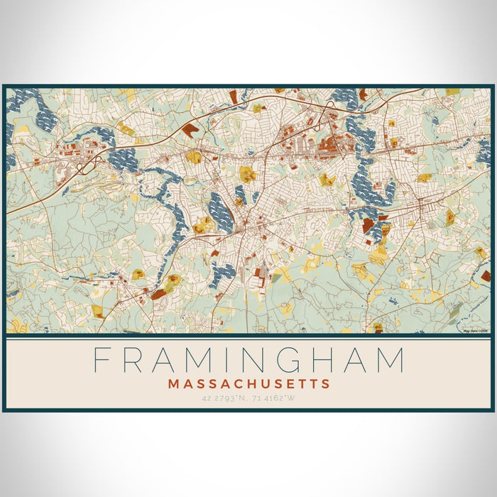 Framingham Massachusetts Map Print Landscape Orientation in Woodblock Style With Shaded Background