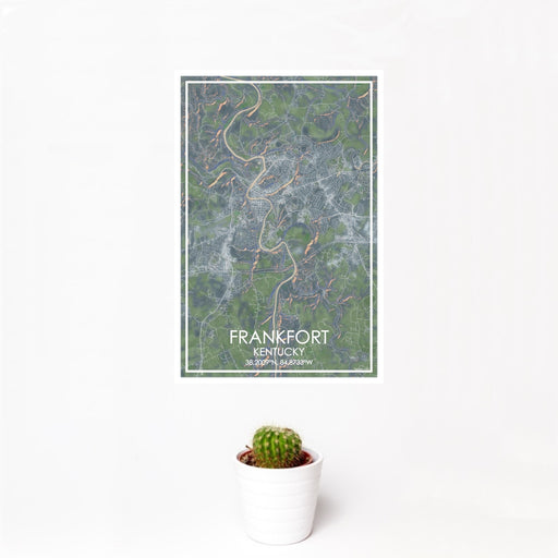 12x18 Frankfort Kentucky Map Print Portrait Orientation in Afternoon Style With Small Cactus Plant in White Planter