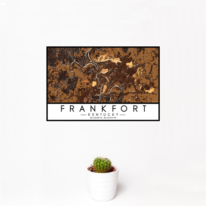 12x18 Frankfort Kentucky Map Print Landscape Orientation in Ember Style With Small Cactus Plant in White Planter
