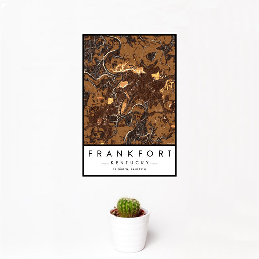 12x18 Frankfort Kentucky Map Print Portrait Orientation in Ember Style With Small Cactus Plant in White Planter