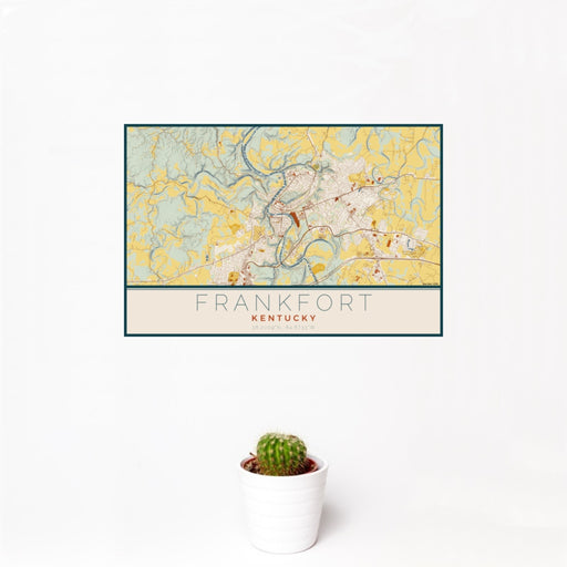 12x18 Frankfort Kentucky Map Print Landscape Orientation in Woodblock Style With Small Cactus Plant in White Planter