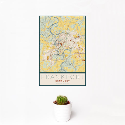 12x18 Frankfort Kentucky Map Print Portrait Orientation in Woodblock Style With Small Cactus Plant in White Planter