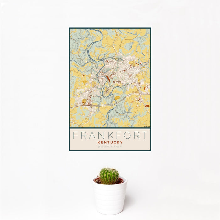 12x18 Frankfort Kentucky Map Print Portrait Orientation in Woodblock Style With Small Cactus Plant in White Planter