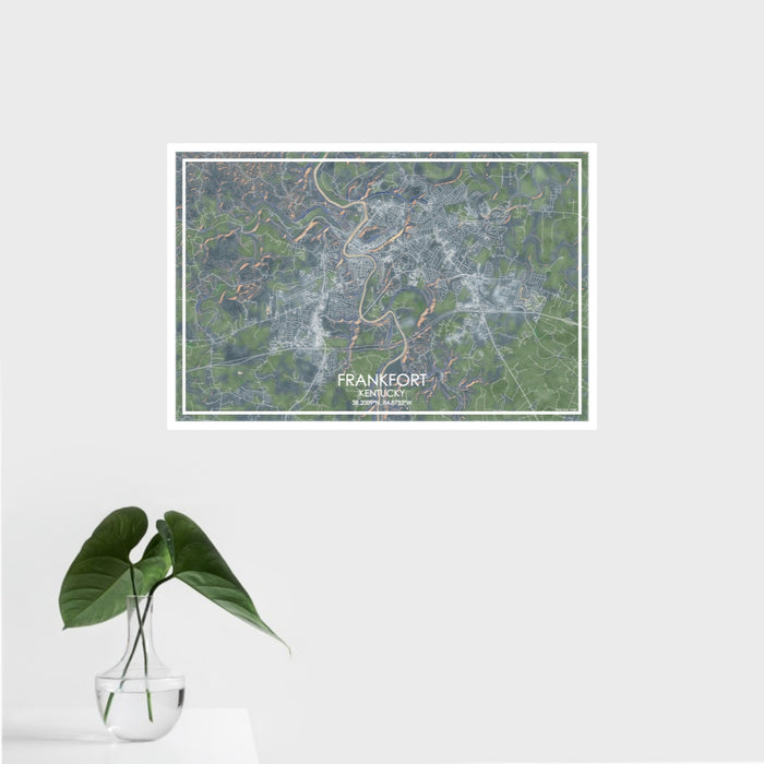 16x24 Frankfort Kentucky Map Print Landscape Orientation in Afternoon Style With Tropical Plant Leaves in Water