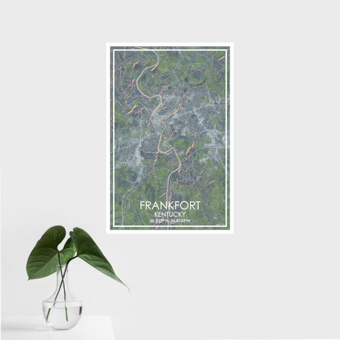 16x24 Frankfort Kentucky Map Print Portrait Orientation in Afternoon Style With Tropical Plant Leaves in Water