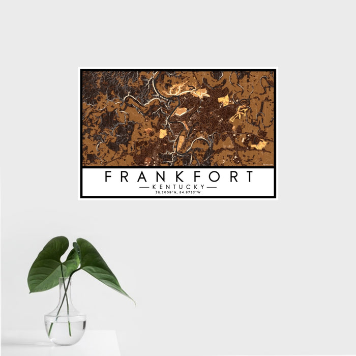 16x24 Frankfort Kentucky Map Print Landscape Orientation in Ember Style With Tropical Plant Leaves in Water
