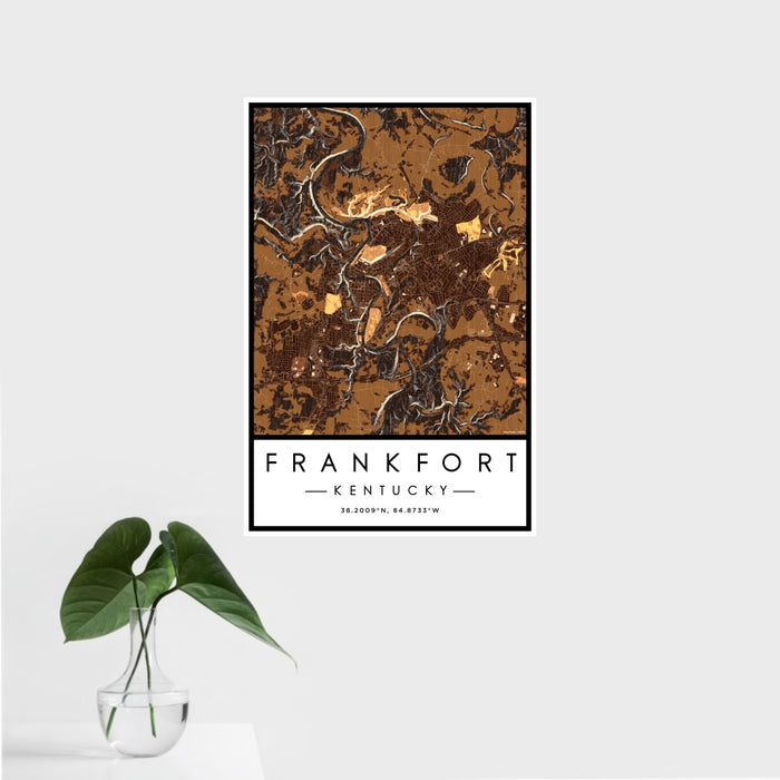 16x24 Frankfort Kentucky Map Print Portrait Orientation in Ember Style With Tropical Plant Leaves in Water