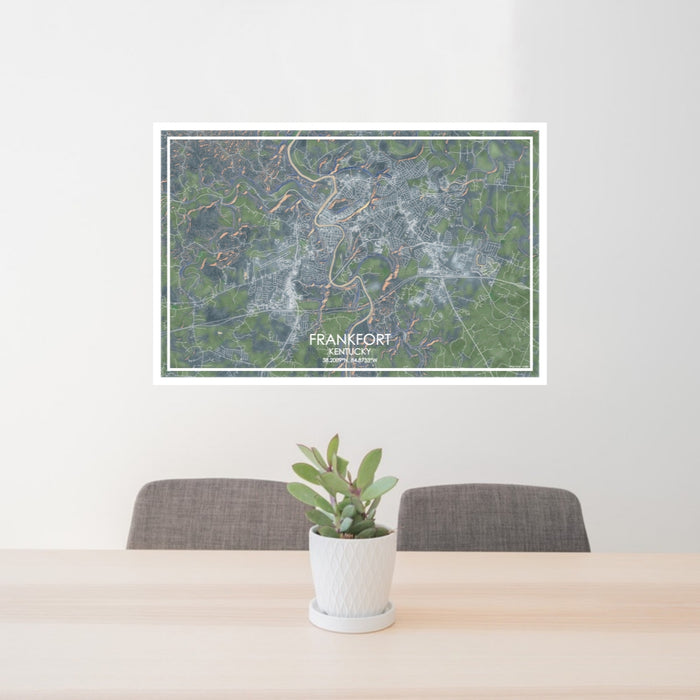 24x36 Frankfort Kentucky Map Print Lanscape Orientation in Afternoon Style Behind 2 Chairs Table and Potted Plant