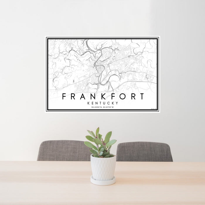 24x36 Frankfort Kentucky Map Print Lanscape Orientation in Classic Style Behind 2 Chairs Table and Potted Plant