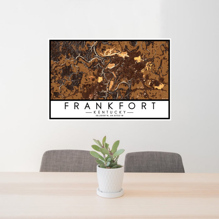 24x36 Frankfort Kentucky Map Print Lanscape Orientation in Ember Style Behind 2 Chairs Table and Potted Plant