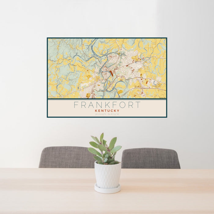 24x36 Frankfort Kentucky Map Print Lanscape Orientation in Woodblock Style Behind 2 Chairs Table and Potted Plant