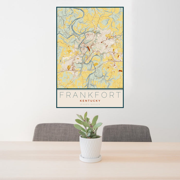 24x36 Frankfort Kentucky Map Print Portrait Orientation in Woodblock Style Behind 2 Chairs Table and Potted Plant