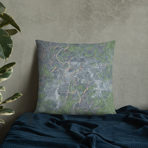 Custom Frankfort Kentucky Map Throw Pillow in Afternoon on Bedding Against Wall