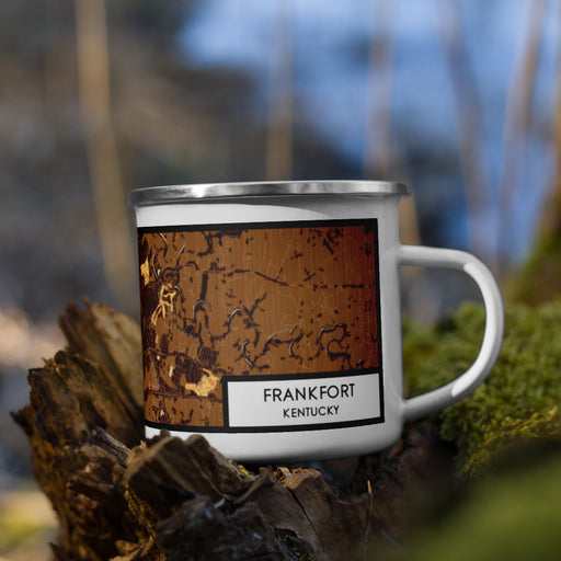 Right View Custom Frankfort Kentucky Map Enamel Mug in Ember on Grass With Trees in Background