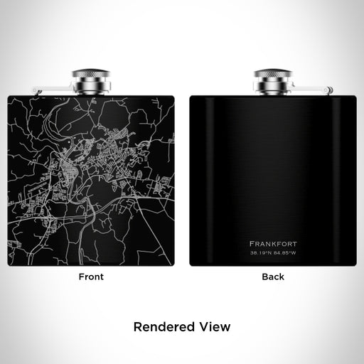 Rendered View of Frankfort Kentucky Map Engraving on 6oz Stainless Steel Flask in Black