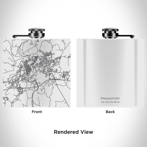 Rendered View of Frankfort Kentucky Map Engraving on 6oz Stainless Steel Flask in White