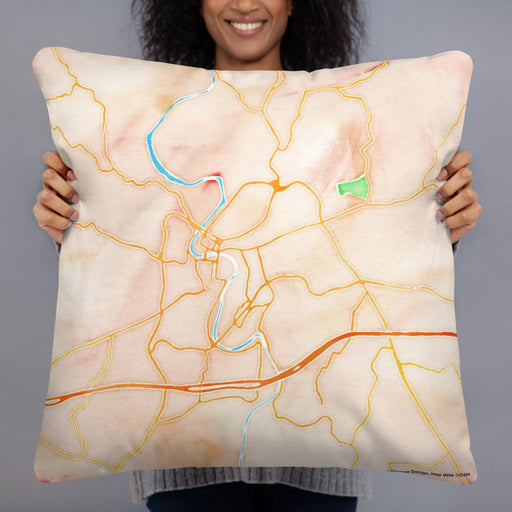 Person holding 22x22 Custom Frankfort Kentucky Map Throw Pillow in Watercolor