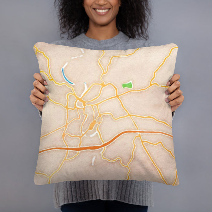Person holding 18x18 Custom Frankfort Kentucky Map Throw Pillow in Watercolor