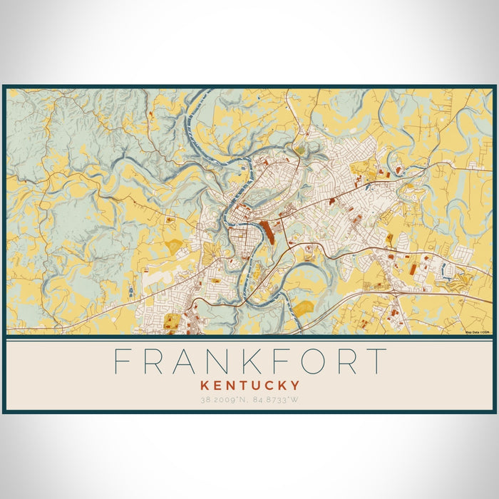 Frankfort Kentucky Map Print Landscape Orientation in Woodblock Style With Shaded Background