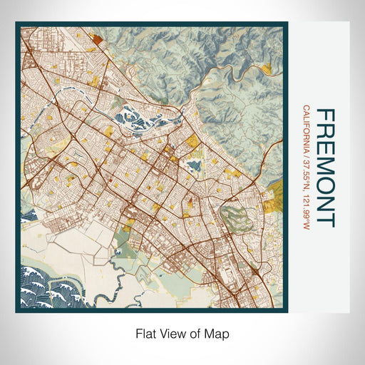 Rendered View of Fremont California Map on 17oz Stainless Steel Insulated Tumbler in Woodblock Map Style