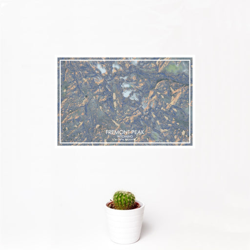 12x18 Fremont Peak Wyoming Map Print Landscape Orientation in Afternoon Style With Small Cactus Plant in White Planter