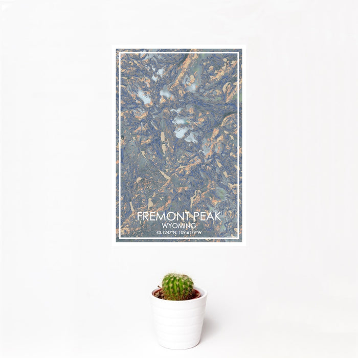 12x18 Fremont Peak Wyoming Map Print Portrait Orientation in Afternoon Style With Small Cactus Plant in White Planter