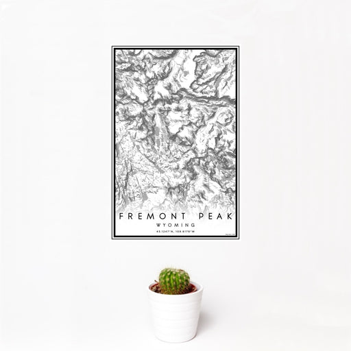 12x18 Fremont Peak Wyoming Map Print Portrait Orientation in Classic Style With Small Cactus Plant in White Planter