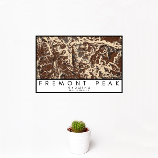 12x18 Fremont Peak Wyoming Map Print Landscape Orientation in Ember Style With Small Cactus Plant in White Planter