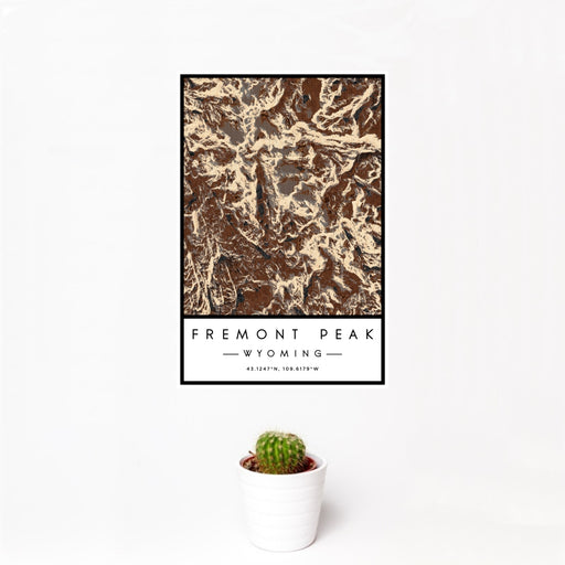 12x18 Fremont Peak Wyoming Map Print Portrait Orientation in Ember Style With Small Cactus Plant in White Planter