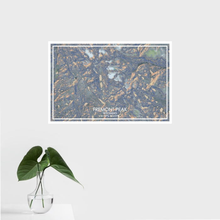16x24 Fremont Peak Wyoming Map Print Landscape Orientation in Afternoon Style With Tropical Plant Leaves in Water