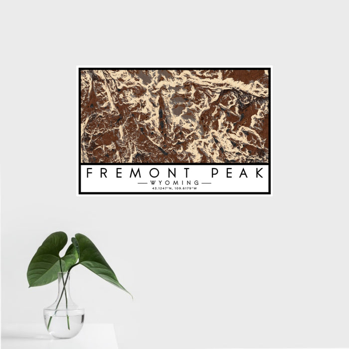 16x24 Fremont Peak Wyoming Map Print Landscape Orientation in Ember Style With Tropical Plant Leaves in Water