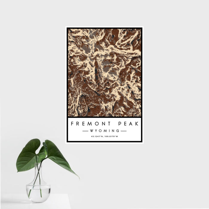 16x24 Fremont Peak Wyoming Map Print Portrait Orientation in Ember Style With Tropical Plant Leaves in Water